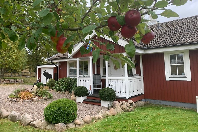 Gemütliches Ferienhaus mit idyllischem Garten und Obstbäumen.