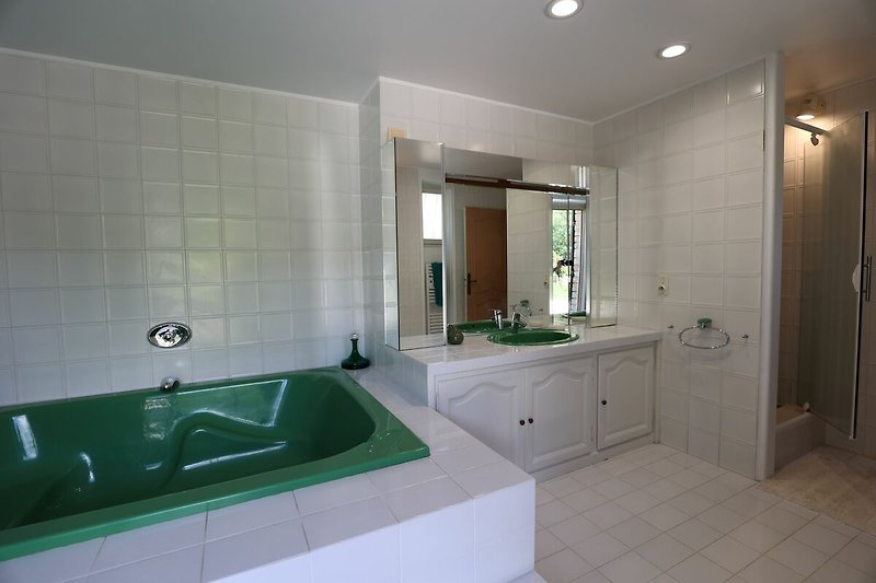 La salle de bain avec baignoire et douche attenante à la chambre principale