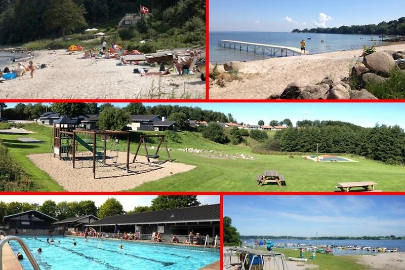 Das Ferienhaus hat eine äusserst zentrale Platzierung. Zum Strand, Freibad oder Spielplatz haben Sie nur etwa 150 Meter. Es gibt übrigens mehrere Spielplätze im Gebiet. Zum Strand oder kleinen Bootshafen beim Campingplatz ist etwa 300 Meter