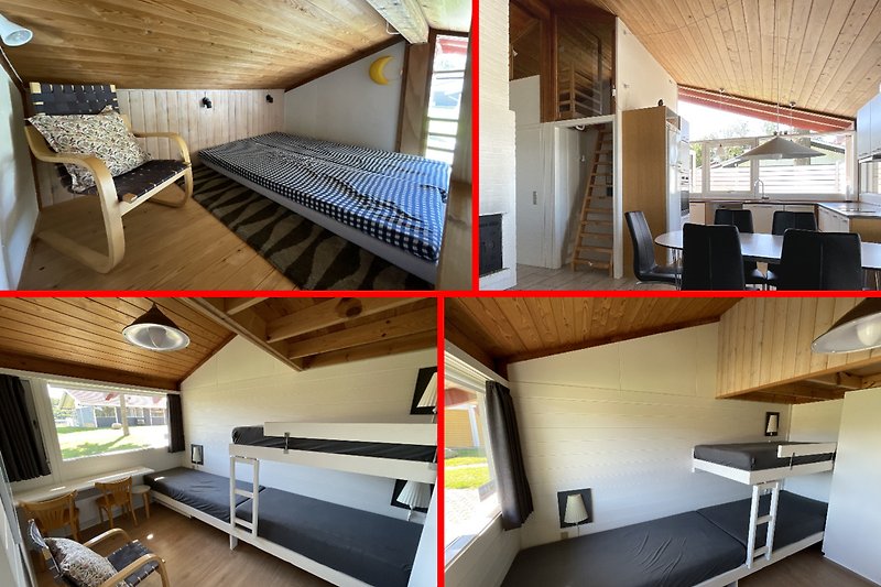 Room 02 has three beds. A staircase in the living room leads to the loft, where there are more sleeping spaces (children