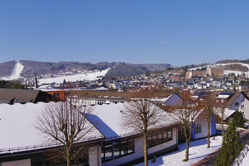 Winterpanorama van de plaats en het skigebied Hoppern