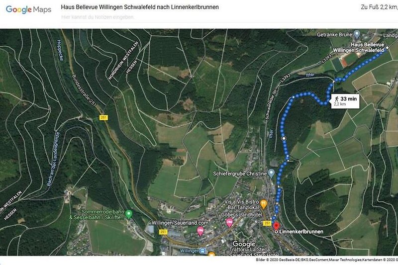 2,2 km Fussweg ins Willinger Zentrum (Google Maps)