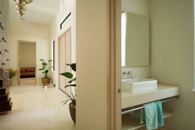 Badezimmer mit Spiegel, Waschbecken und Blumentopf.
