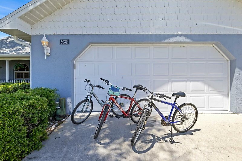 Fahrrad mit Reifen vor Hauswand und Pflanze.