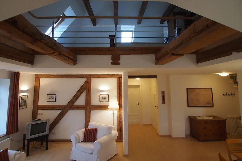 Galerie Appartement met een ruime en lichte woonkamer, voorzien van een comfortabele bank en een grote boekenkast vol boeken. Er is een kleine keukenhoek met moderne apparatuur. De slaapruimte is op een verhoogd platform, bereikbaar via een ladder, met ee