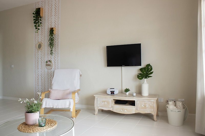 Gemütliches Wohnzimmer mit stilvoller Einrichtung und SAT-TV