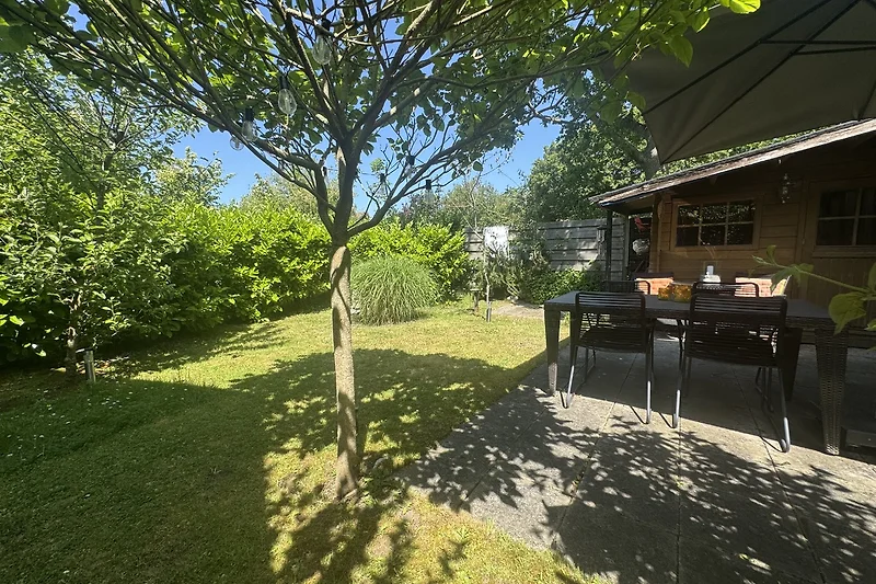 Garten mit Rasen und schattiger Sitzecke.