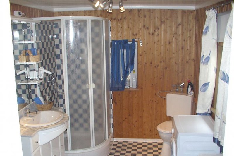 Salle de bain avec douche et machine à laver