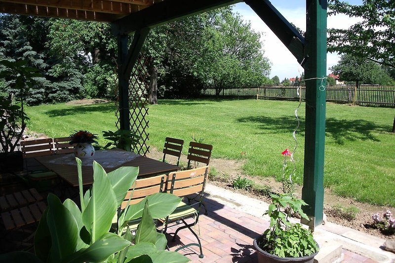 Einladende Terrasse mit bequemen Möbeln, grünen Pflanzen und entspannender Atmosphäre.