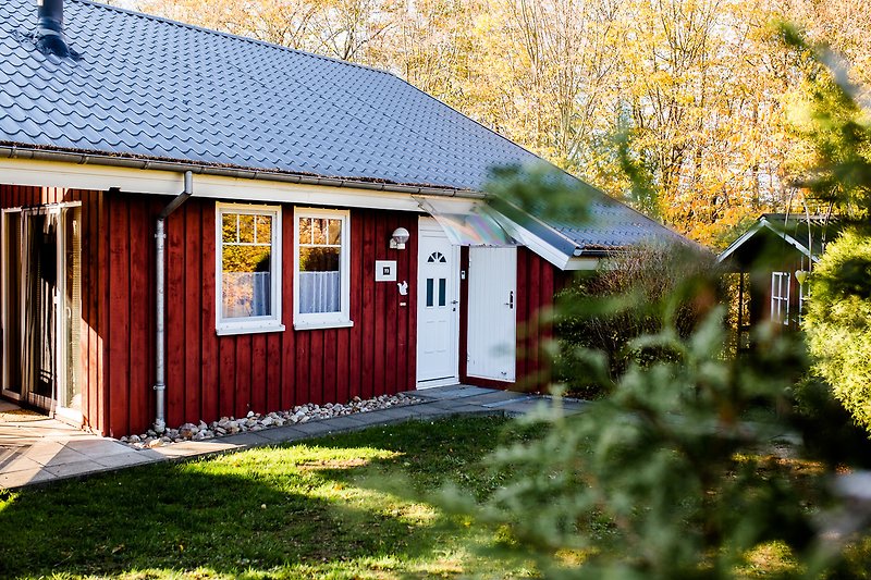 Charmantes Holzhaus mit Garten, Bäumen und Panoramafenster.