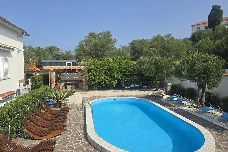 Pool, Palmen und bequeme Outdoor-Möbel laden zum Entspannen ein.