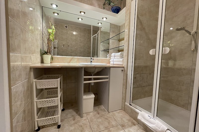 Moderne Dusche mit Glaswand, Regenduschkopf und stilvollem Design.