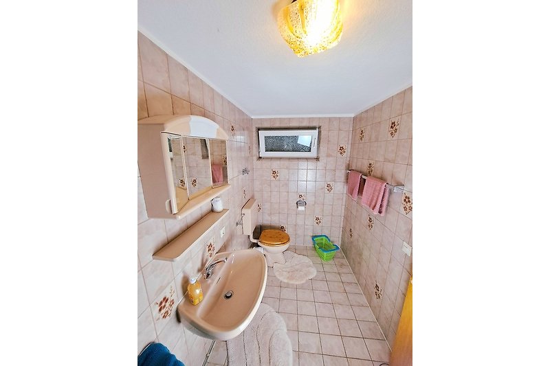 Gemütliches Badezimmer Dusche, Toilette, Spiegel und Waschbecken. Fussbodenheizung