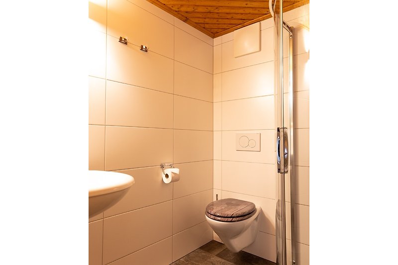 1e etage: badkamer met douche, wastafel en toilet