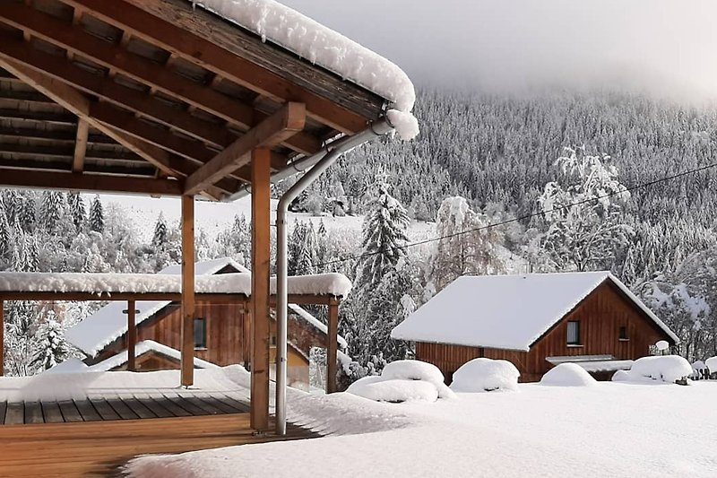 Ein winterliches Holzhaus mit verschneitem Dach und umgeben von Natur.