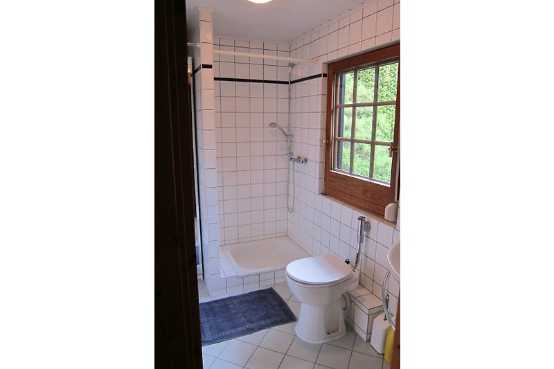 Geräumiges Bad im EG, auch mit großem Spiegel u. Schrank
