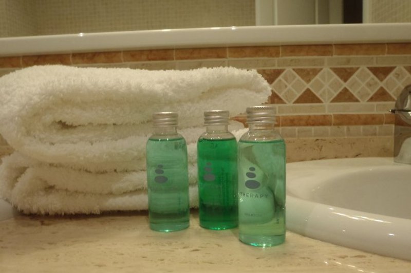 Bad-, Gel- und Shampoo-Handtücher vorhanden 