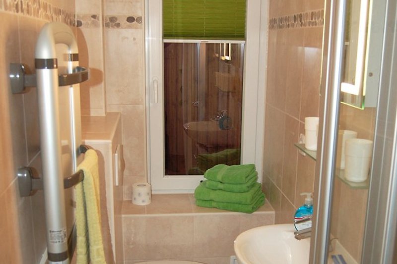 Badezimmer mit Dusche/WC und Handtuchtrockner