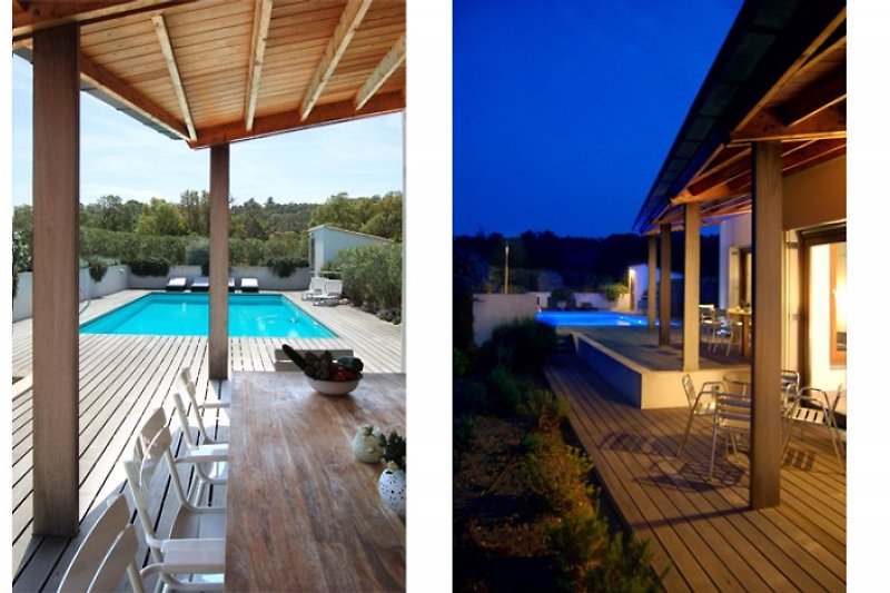 Veranda/Schwimbad bei Tag und Abend