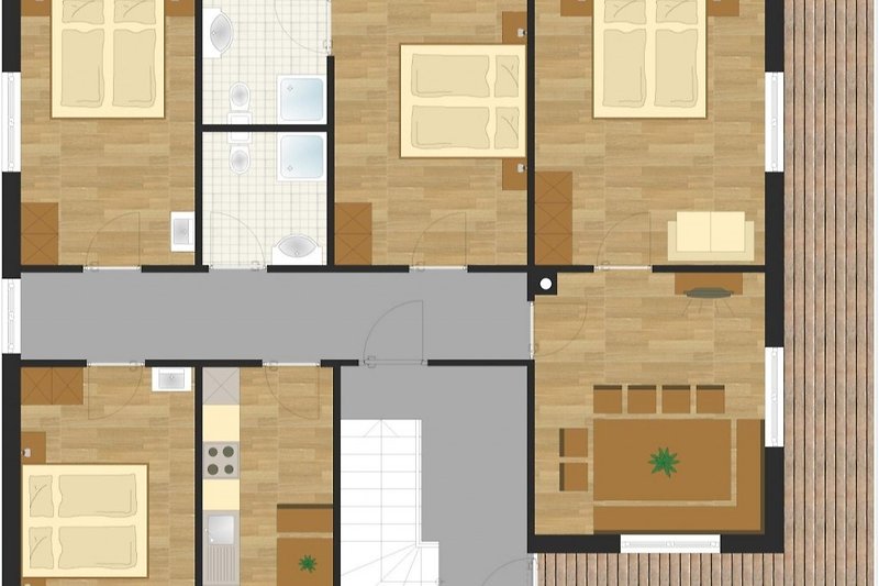Jede Wohnung hat 4 Schlafzimmer, 2 Bäder, Küche. Panoramabalkon oder Terrasse. Wohnzimmer mit oder ohne Kachelofen.