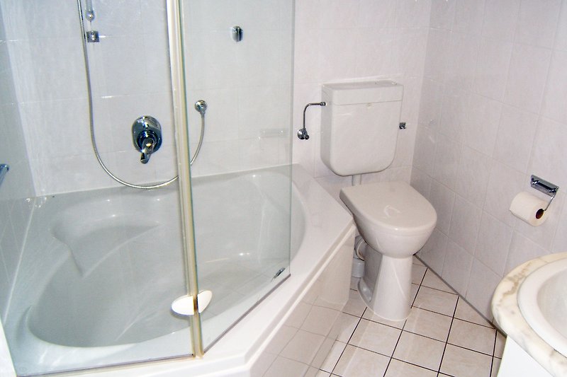 Toilette mit lila Toilettensitz und Keramikarmaturen