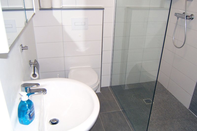 Badezimmer mit lila Armaturen, Keramikwaschbecken und Dusche.