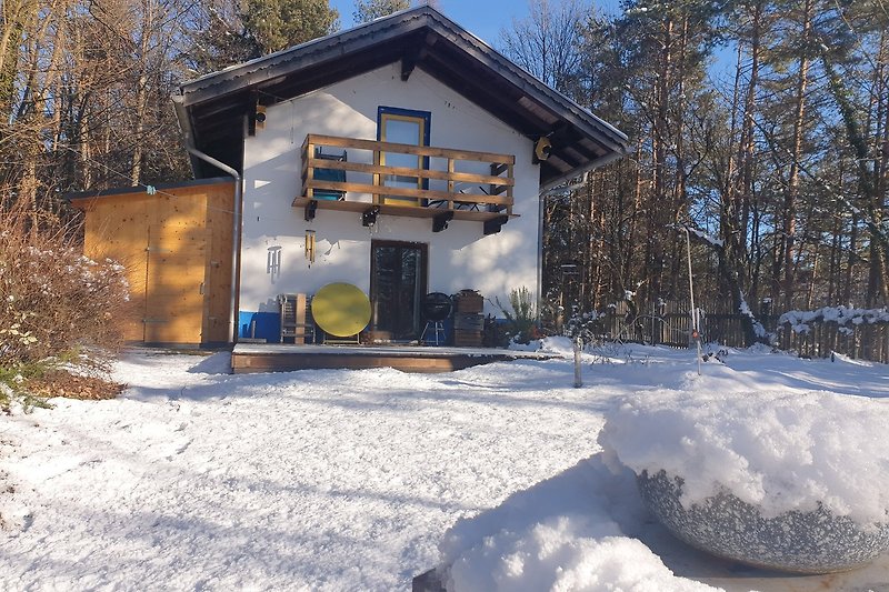 Verschneites Holzhaus mit Ästen im Winter.