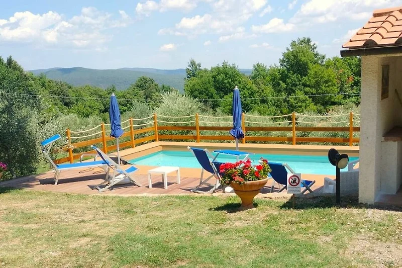 Villa mit ansprechendem Poolbereich, Sonnenmöbeln und Sonnenschirmen im Grünen.