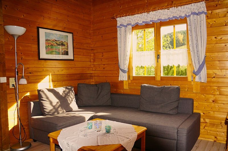 Einladendes Wohnzimmer mit bequemer Couch und gemütlicher Beleuchtung.
