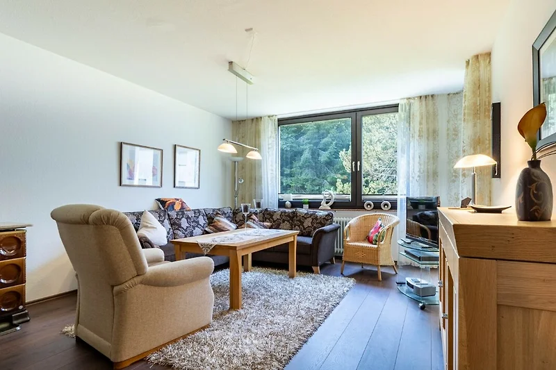 Gemütliches Wohnzimmer mit Sofa, TV und stilvollem Design.