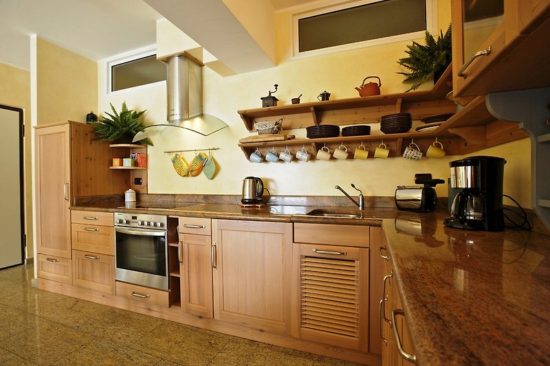Gut ausgestattete, offene Wohnküche mit Geschirrspülmaschine
