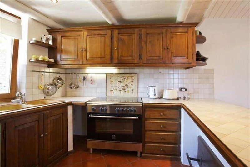 Gut ausgestattete offene Küche mit Geschirrspülmaschine, 5-Flammen-Herd und Backofen