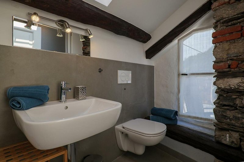 Badezimmer mit Dusche, sichtbaren Natursteinen und Holzbalken