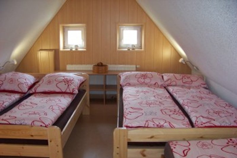 Spitzboden-Schlafraum mit 5 Betten,2Doppelbetten + 1 Einzelbett )