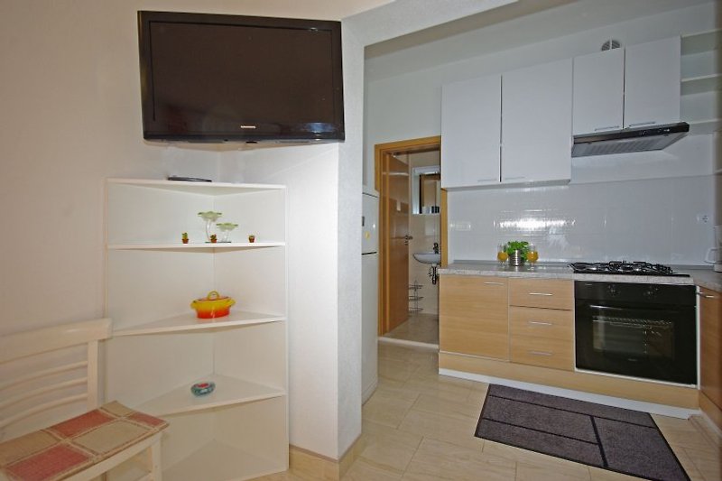 Apartment 2 Küche mit TV und Blick ins Badezimmer