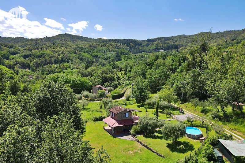 Ferienhaus mit Bergblick und gepflegtem Garten in ländlicher Umgebung.
