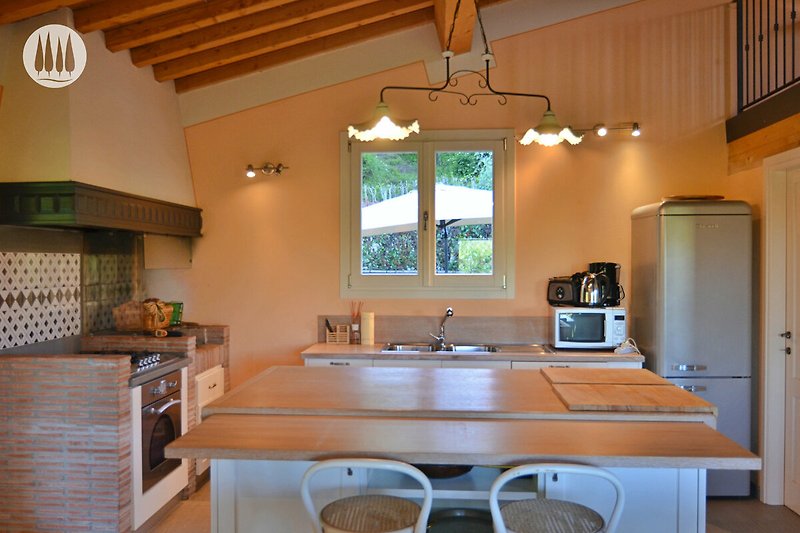 Moderne Küche mit Holzakzenten, Edelstahlgeräten und viel Licht.
