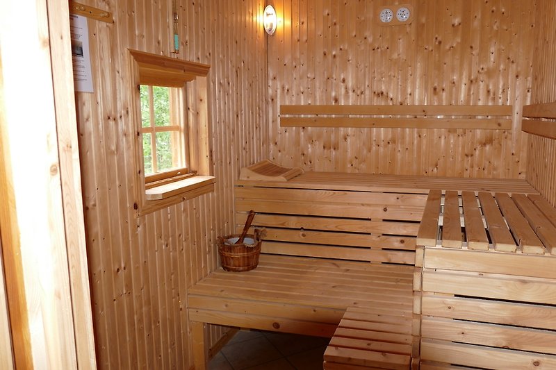 Sauna avec accès depuis la salle de bain et vers la terrasse