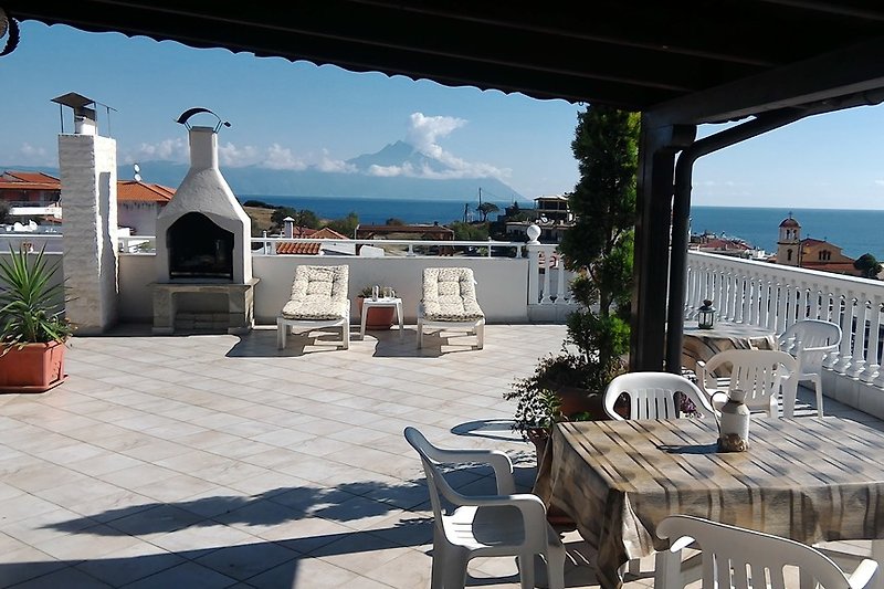 Rooftop terrace with Mount Athos