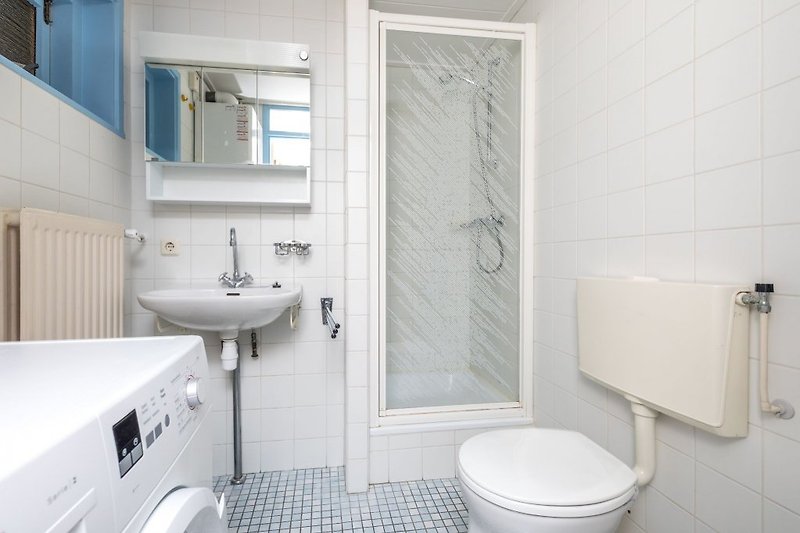 Badkamer 1 met douche, wastafel, toilet en wasmachine