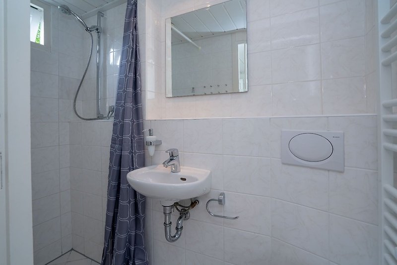 Badkamer met douche, wastafel en toilet