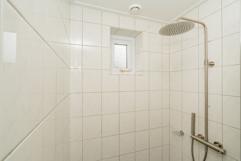 Badkamer met regendouche en wastafel