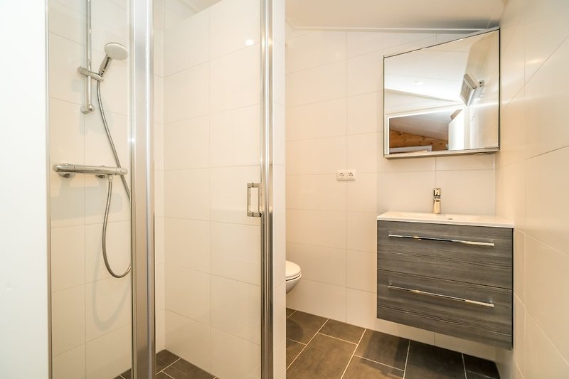 Das neue, moderne Badezimmer mit Dusche, Waschbecken und Toilette