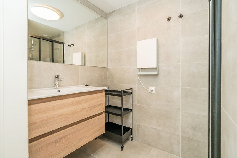 Das neue, moderne Badezimmer mit Dusche und Waschbecken