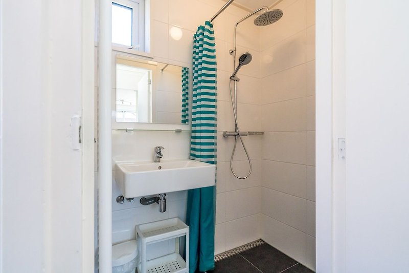 De nieuwe badkamer (2017) met douche en wastafel