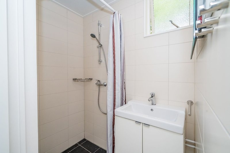 Badkamer met douche en wastafel