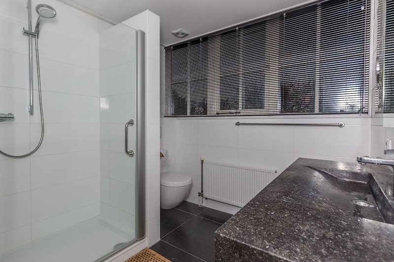 Das moderne Badezimmer mit Dusche, Badmöbel und Toilette