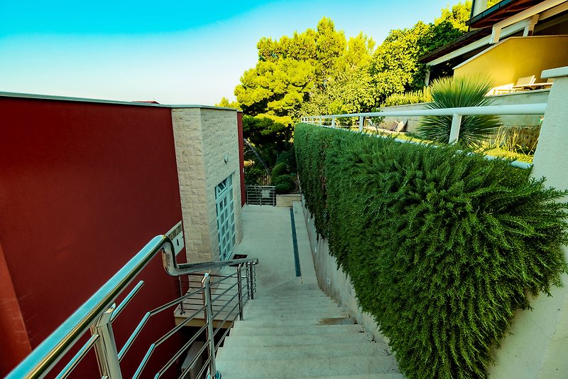 Ein Haus mit grünem Garten, Bäumen und einer gepflasterten Straße.
