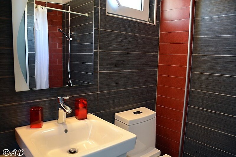 A stylish bathroom with modern fittings, shower and toilet