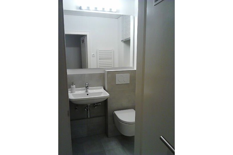 Schönes Badezimmer mit Spiegel, Waschbecken und Toilette.